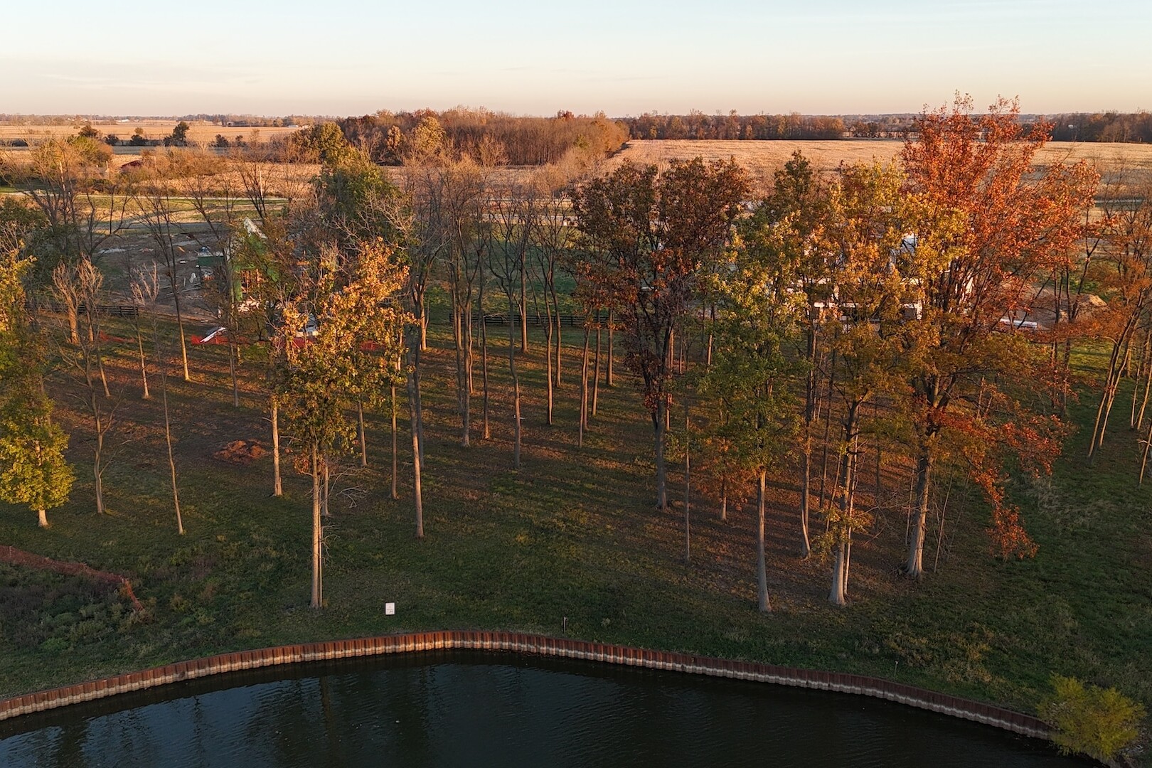 An aerial view of a field with trees and a pond, surrounded by nature's beauty.