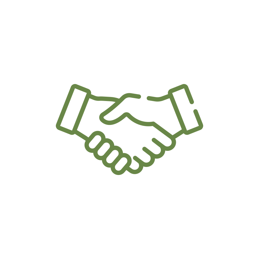 A handshake icon on a green background, representing the collaboration between Indianapolis Custom Homes and their clients.