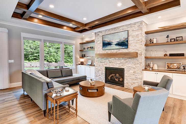 A living room with a fireplace.